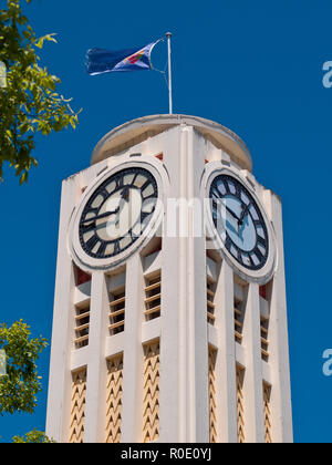 White art deco clock tower in the town of hastings New Zealand Stock Photo