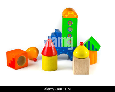 Colorful wooden building blocks are arranged like an abstract city Stock Photo