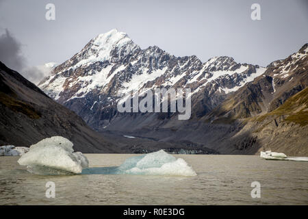 Icebergs floating in a glacial lake at the base of the mountains, Mt Cook, New Zealand Stock Photo