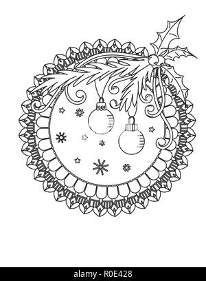 Christmas mandala coloring page. Adult coloring book. Holiday decore, balls and snowflake. Hand drawn vector illustration. Stock Vector