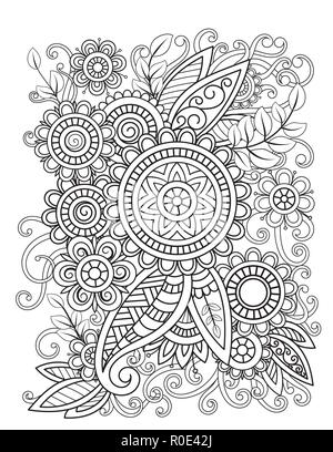 Adult coloring page with oriental floral pattern. Black and white doodle flowers. Bouquet line art vector illustration isolated on white background. Mehndi vector design Stock Vector