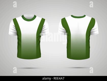 Realistic white sport t-shirt with green stripes and pattern from front and back Stock Vector