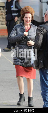 Olivia Colman films scenes for the Netflix show The Crown. She plays Queen Elizabeth visiting the 1966 Aberfan disaster when 144 people died. The Crown have decided to recreate the disaster for the series.  Featuring: Olivia Colman Where: Brecon Beacons, United Kingdom When: 04 Oct 2018 Credit: WENN.com Stock Photo