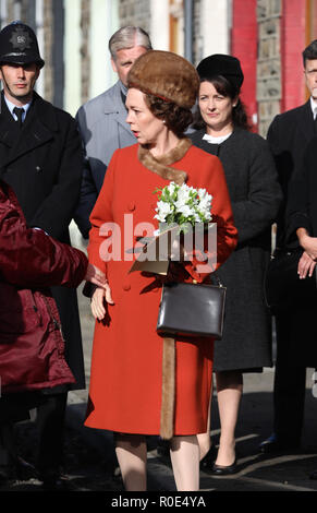 Olivia Colman films scenes for the Netflix show The Crown. She plays Queen Elizabeth visiting the 1966 Aberfan disaster when 144 people died. The Crown have decided to recreate the disaster for the series.  Featuring: Olivia Colman Where: Brecon Beacons, United Kingdom When: 04 Oct 2018 Credit: WENN.com Stock Photo