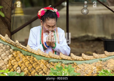 NAKHON PATHOM, THAILAND, JANUARY 16, 2016 : A senior Thai lady wearing hippie fashion is praying at the Wat Samphran temple in Nakhon Pathom near Bang Stock Photo