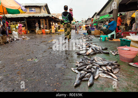 MANDALAY,MYANMAR,JANUARY 19, 2015 : A man is selling fresh fishes on the ground in a dirty and poor street market in Mandalay, Myanmar (Burma). Stock Photo