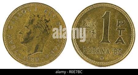 Old Spanish coin of 1 peseta, Juan Carlos I. Year 1980, 81 in the star. Stock Photo