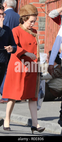 Olivia Colman films scenes for the Netflix show The Crown. She plays Queen Elizabeth visiting the 1966 Aberfan disaster when 144 people died. The Crown have decided to recreate the disaster for the series.  Featuring: Olivia Colman Where: Brecon Beacons, United Kingdom When: 04 Oct 2018 Credit: WENN.com Stock Photo