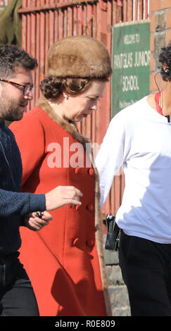 Olivia Colman films scenes for the Netflix show The Crown. She plays Queen Elizabeth visiting the 1966 Aberfan disaster when 144 people died. The Crown have decided to recreate the disaster for the series.  Featuring: Olivia Colman Where: Brecon Beacons, United Kingdom When: 04 Oct 2018 Credit: WENN.com Stock Photo