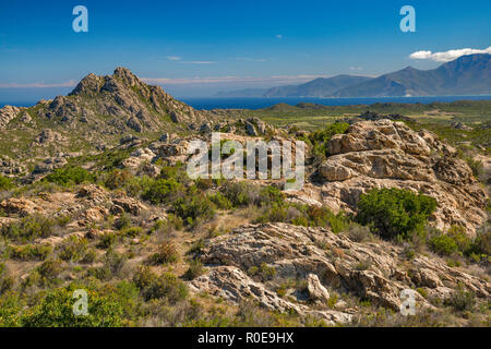 Mont Genova at Desert des Agriates, Golfe de Saint-Florent in distance, Haute-Corse, Corsica, France Stock Photo