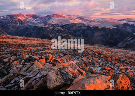 Beautiful landscape of  Beartooth Pass. Shoshone National Forest, Wyoming, USA. Sunrise scene. Stock Photo