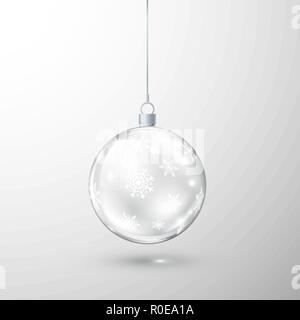 Glass transparent Christmas ball ornate by snowflake. Element of holiday decoration. Vector illustration isolated on white background Stock Vector