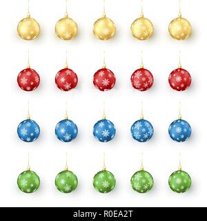 Colorful Christmas balls set. Realistic set of holiday xmas balls decorated by snowflakes. Vector illustration Stock Vector