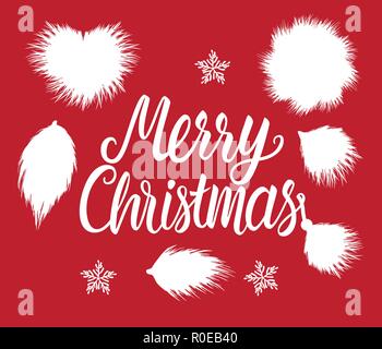 Merry Christmas lettering inscription. Fur forms winter white hand drawn fluffy isolated on red background. Stock Vector