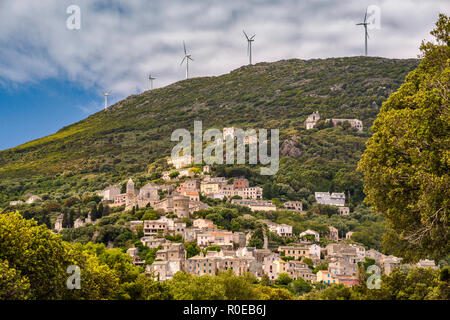 Wind turbines over village of Bettolacce, in commune of Rogliano, Cap Corse, Haute-Corse, Corsica, France Stock Photo