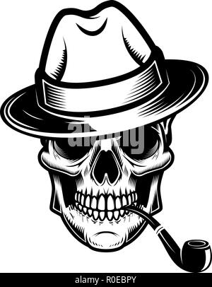 Skull with hat and smoking pipe. Design element for logo, label, emblem, sign. Vector illustration Stock Vector