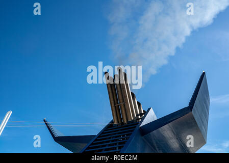 Chimney with smoke of a ferry boat Stock Photo