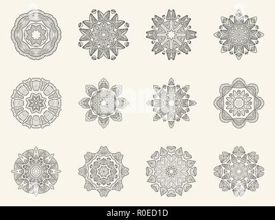 Set of ornate mandala symbols. The circular patterns. Vector illustration. Symmetric abstract objects isolated on light background. Ethnic decorative  Stock Vector