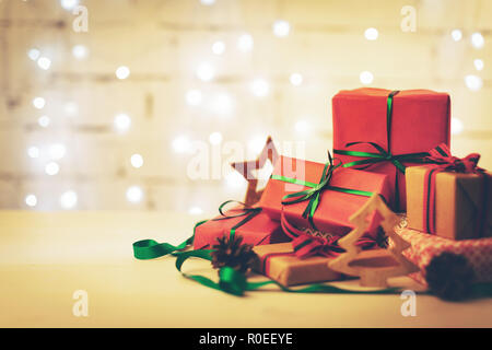 christmas gifts and decoration on the table with copy space Stock Photo