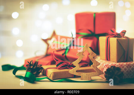 christmas greeting card - stack of gifts and decorations Stock Photo