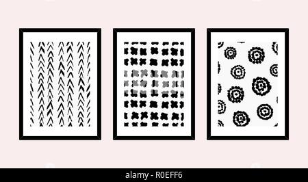A set of three framed art prints in black and white isolated on light pink background. Abstract art posters, printable greeting cards, t-shirt designs Stock Vector
