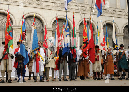 The helvetic soldiers and fighters are protecting the swiss national bank in Zürich at the Swiss national day Stock Photo