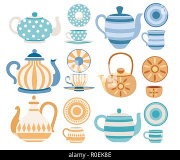 Vector set of teapots and cups with cute patterns. Tea-set cartoon style design. Flat vector illustration on white background. Stock Vector