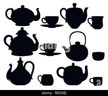 Black silhouette. Vector set of teapots and cups with cute patterns. Tea-set cartoon style design. Flat vector illustration on white background. Stock Vector