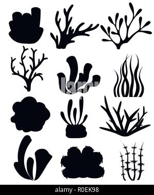 Black silhouette. Collection of corals and seaweed. Deep sea floral design. Ocean flora and fauna. Flat vector illustration isolated on white backgrou Stock Vector