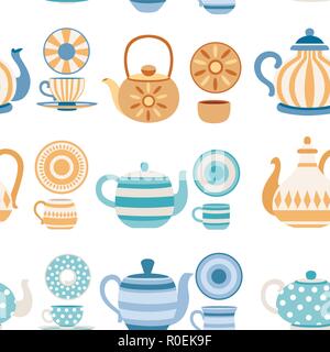 Seamless pattern. Vector set of teapots and cups with cute patterns. Tea-set cartoon style design. Flat vector illustration on white background. Stock Vector