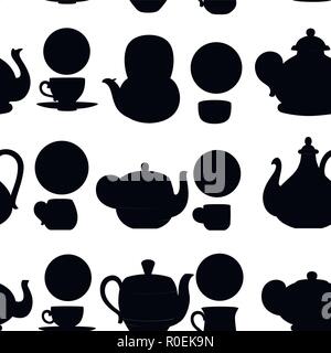 Seamless pattern. Black silhouette. Vector set of teapots and cups with cute patterns. Tea-set cartoon style design. Flat vector illustration on white Stock Vector