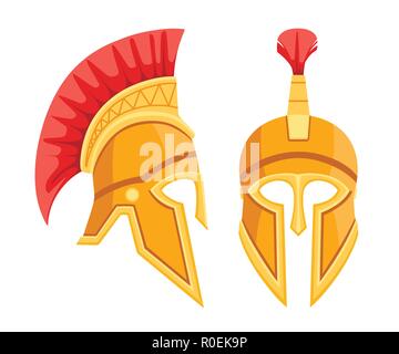 Bronze greek helmet. Spartan ancient armor. Red hair helmet. Flat vector illustration isolated on white background. Stock Vector