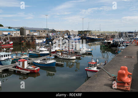 Fishing boats moored in the harbour at Kilkeel, County Down, Northern Ireland. Stock Photo