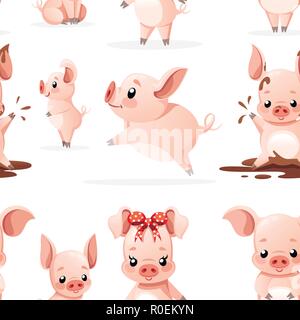 Seamless pattern. Cute pig collection. Cartoon character design. Little pigs in different poses. Clean and mud. Flat vector illustration on white back Stock Vector