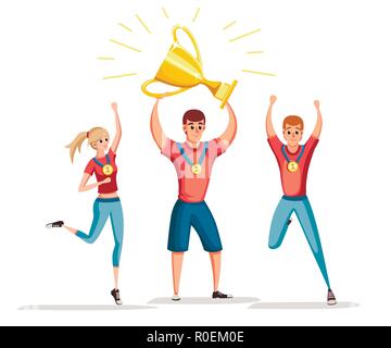 Sport team in red shirts winners. 1st place and trophy golden cup. Cartoon character design. Flat vector illustration isolated on white background. Stock Vector
