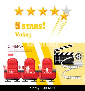 Red cinema chairs. 5 stars rating concept cinema design. Cola and popcorn. Website page and mobile app design. Flat vector illustration. Stock Vector