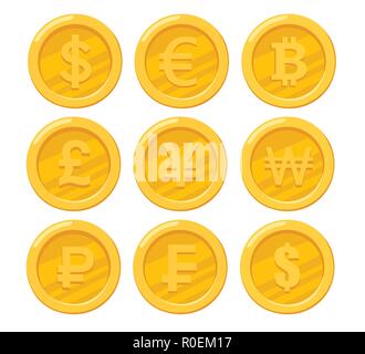 Collection of golden coins. Dollar, euro, ruble, bitcoin, yen. Nine coin icons. Flat vector illustration isolated on white background. Stock Vector