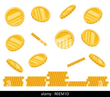 Stack of golden coins. Falling coins. Gold money icon. Growth, income, investment. Flat vector illustration isolated on white background. Stock Vector