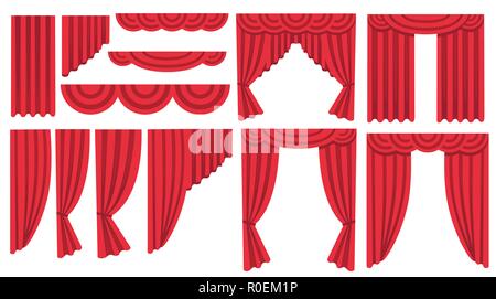 Collection of luxury red silk curtains and draperies. Interior decoration design. Flat icon. Vector illustration isolated on white background. Stock Vector