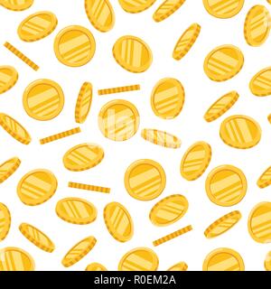 Seamless pattern. Falling golden coins. Gold money icon. Growth, income, investment. Flat vector illustration on white background. Stock Vector