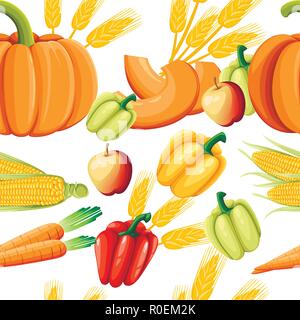 Seamless pattern of fresh vegetables. Pepper, pumpkin, carrot and corn. Healthy food flat style. Vector illustration on white background. Stock Vector