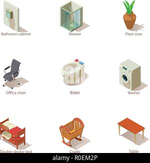 Student hostel icons set, isometric style Stock Vector