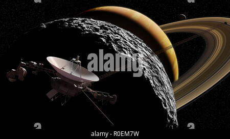 Saturn, Saturn moon and Voyager probe (3d illustration background, elements of this image are furnished by NASA) Stock Photo