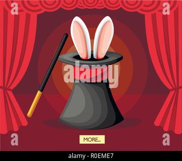 Big black magic hat with rabbit ears. Red curtains on stage. Magic wand. Flat vector illustration on red background. Stock Vector