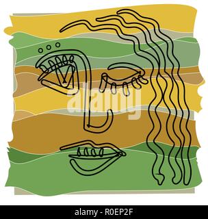 Girl face in cubism outline style on a abstract background in warm colors. Stock Vector