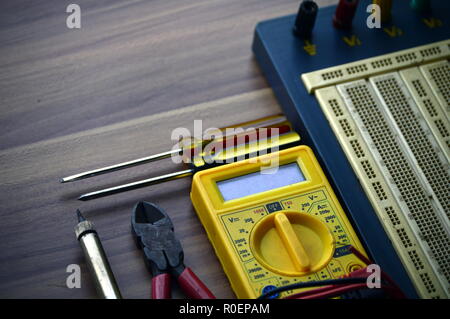 Technology objects background, electronic device on work table Stock ...