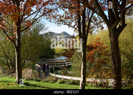 Scotland, UK. 4th Nov 2018.  A family strolls in the late autumn sun in Figgate Park, with Arthur's Seat - the extinct volcano in the heart of Edinburgh - in the background, © Ken Jack / Alamy Live News Stock Photo