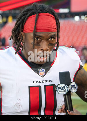 Atlanta Falcons wide receiver Julio Jones (11) is interviewed following the game against the Washington Redskins at FedEx Field in Landover, Maryland on Sunday, November 4, 2018. The Falcons won the game 38-14. Credit: Ron Sachs/CNP | usage worldwide Stock Photo