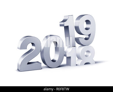 Silver New Year date number 2019 above 2018, isolated on white - 3D illustration Stock Photo