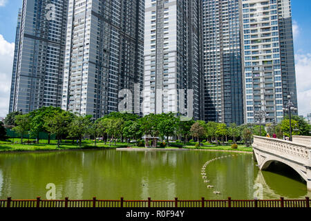 Panoramic view of Vin Home Central Park. Vin Home Central Park is a new citizen residential area with its amazing park and the new iconic skycrapper L Stock Photo